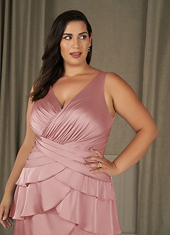 Azazie Viola Abiti per la Madre della Sposa Abito A-Line in Raso Elasticizzato Plissettato Rosa Cipria image9