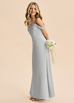 Azazie Lettie Junior Vestido Prata de Cetim elástico de Linha A com Fora do ombro image1