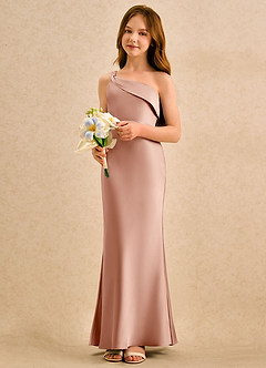 Azazie Almond Girls Formal Blumenmädchenkleider Etui One-Shoulder Stretch-Satin Kleid Roségold image3