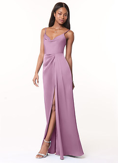 Azazie Brielle Bridesmaid Dresses Wisteria A-Line Cowl Spaghetti Straps Stretch Satin Dress image3
