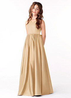 Azazie Hathaway Junior Gold A-Line Bow Stretch Satin Dress image3