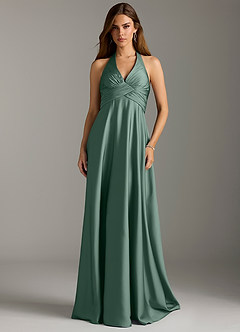 Azazie Tessie Bridesmaid Dresses Eucalyptus A-Line Pleated Stretch Satin Dress image3