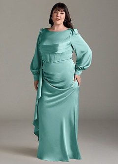 Azazie Raye Bridesmaid Dresses Aqua Mermaid Long Sleeve Stretch Satin Dress image10