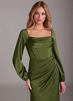 Azazie Charissa Brautjungfernkleider Etui Langarm Stretch-Satin Kleid Olivgrün image7