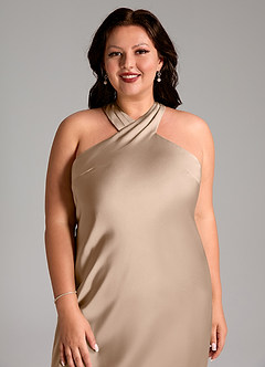 Azazie Doretta Bridesmaid Dresses Taupe Mermaid Pleated Stretch Satin Dress image11