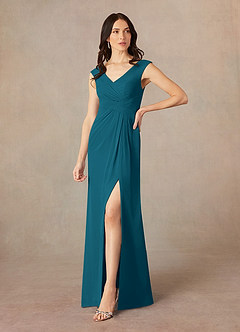 Azazie Sally Mother of the Bride Dresses Ink Blue A-Line V-Neck Pleated Chiffon Dress image2