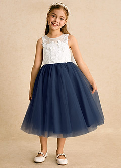 Azazie Lina Flower Girl Dresses Ivory Dark Navy Ball-Gown Lace Dress image5