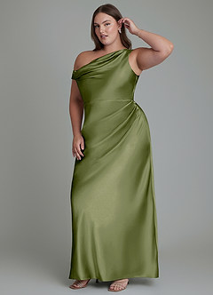 Azazie Emerson Robes de demoiselle d'honneur Robe Sirène en Satiné métallisé Épaules dénudées Olive image11