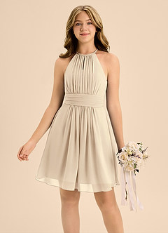 Azazie Bonnie Junior Champagne A-Line Pleated Chiffon Dress image3