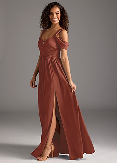 Azazie Lianne Bridesmaid Dresses Auburn A-Line Off the Shoulder Stretch Satin Dress image7