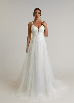 Azazie Devi Wedding Dresses Diamond White A-Line V-Neck Lace Tulle Dress image2