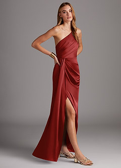 Azazie Mika Final Sale Pomegranate Sheath One Shoulder Stretch Satin Dress image4
