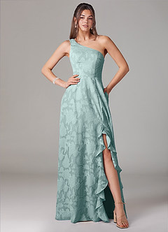 Azazie Ellianna 신부 들러리 드레스 A라인 한쪽 어깨 플로럴 번아웃 바닥 길이 드레스 image1