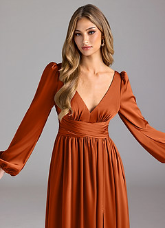 Azazie Norah Bridesmaid Dresses Burnt Orange A-Line Stretch Satin Dress image5