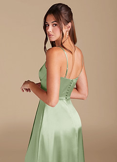 Azazie Halsey Bridesmaid Dresses Dusty Sage A-Line Side Slit Metallic Satin Dress image2