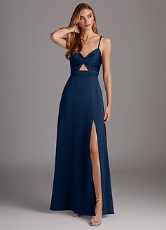 Azazie Jenna Bridesmaid Dresses Dark Navy A-Line Pleated Stretch Satin Dress image1