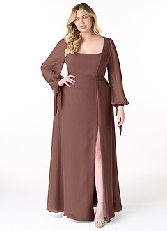 Azazie Leonia Bridesmaid Dresses Espresso A-Line Long Sleeve Chiffon Dress image1
