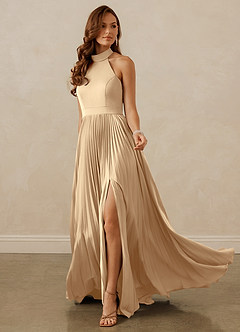 Christian Siriano Bridal for Azazie 1007 Bridesmaid Dresses Champagne A-Line Pleated Stretch Satin Dress image3