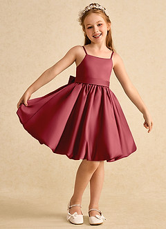 Azazie Davine Flower Girl Dresses Pomegranate A-Line Spaghetti Strap Matte Satin Dress image2