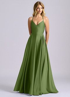 Azazie Truce 신부 들러리 드레스 A라인 스트레치 새틴 바닥 길이 드레스 image1