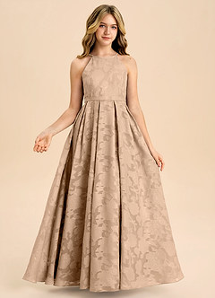 Azazie Arianthe Junior Abito A-Line in Floral Burnout Plissettato Champagne image5