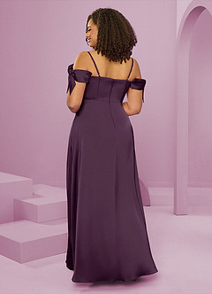 Barbie ♥ Azazie Bridesmaid Dresses Plum A-Line Off the Shoulder Stretch Satin Dress image2