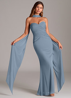 Azazie Katelyn Jurken voor bruidsmeisjes Converteerbaar Jurk van Mesh met Kolom Strapless Stoffig Blauw image1