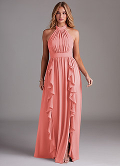 Azazie Avary Bridesmaid Dresses Coral A-Line Pleated Chiffon Dress image3