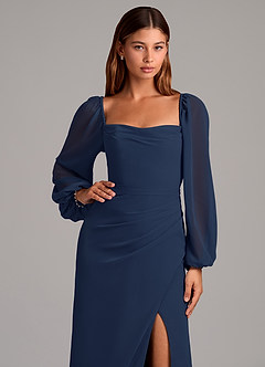 Azazie Brixley Robes de demoiselle d'honneur Robe Sirène en Mousseline de soie Manche longue Bleu Marine Foncé image7