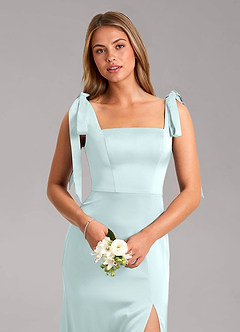 Azazie Frostine Bridesmaid Dresses Sea Glass A-Line Bow Stretch Satin Dress image4