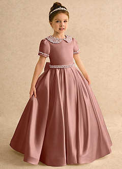 Azazie Gabriella Flower Girl Dresses Cedar Rose Ball-Gown with Sleeves Matte Satin Dress image5