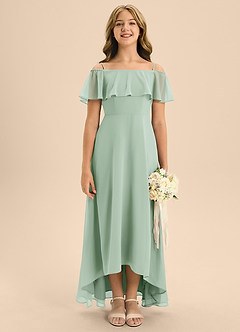 Azazie Maggie Junior Agave A-Line Off the Shoulder Chiffon Dress image1