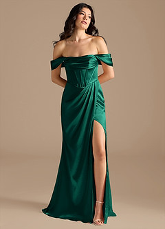 Azazie Lynden Bridesmaid Dresses Emerald Sheath Off the Shoulder Metallic Satin Convertible Dress image1