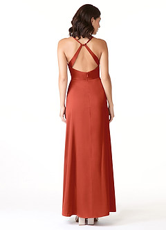 Azazie Geanna Robes de demoiselle d'honneur Robe Fourreau en Satin extensible Col V plissé Rouille image2