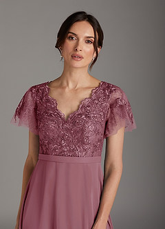 Azazie Singer Mother of the Bride Dresses Vintage Mauve A-Line V-Neck Lace Chiffon Dress image6