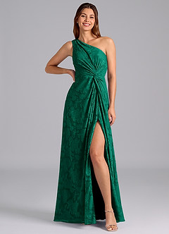 Azazie Brooke Bridesmaid Dresses Emerald A-Line One Shoulder Floral Burnout Dress image3