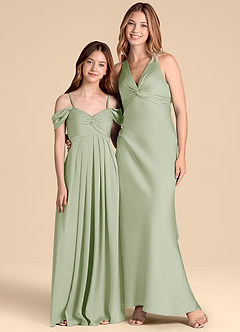 Azazie Kaitlynn Junior Abito A-Line in Raso Elasticizzato a Spalla Scoperta Verde Salvia image3