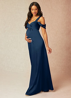 Azazie Rhea vestidos de dama de honor de maternidad Vestido de Acampanado Off The Shoulder Plisado Largo hasta el piso Stretch Satin image3
