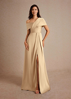 Azazie Milton Mother of the Bride Dresses Champagne A-Line Pleated Stretch Satin Dress image5