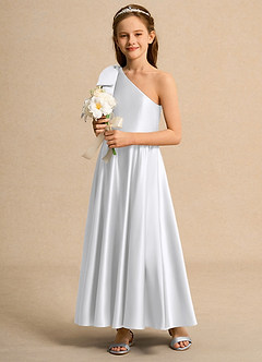 Azazie Guppy Girl vestidos de niña de las flores Vestido de Blanco de Satin Mate de Corte En A con Hombro unilateral image5