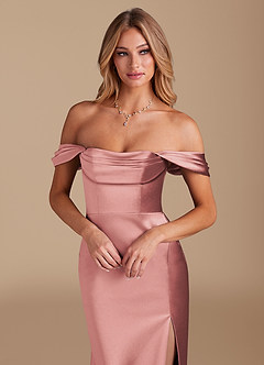 Azazie Saige Bridesmaid Dresses Dusty Rose A-Line Off the Shoulder Metallic Satin Convertible Dress image3