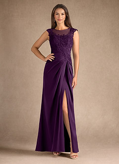 Azazie Santa Barbara Mother of the Bride Dresses Grape Sheath Pleated Stretch Satin Dress image1