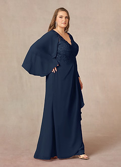 Azazie Perry vestidos de madre de la novia Vestido de Azul Marino Oscuro de Gasa de Sirena con Encaje cuello pico image10