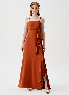 Azazie Kaylee Junior Paprika A-Line with Belt Stretch Satin Dress image3