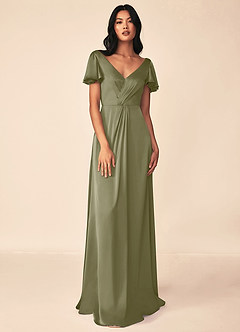 Azazie Soren Bridesmaid Dresses Pistachio A-Line Pleated Stretch Satin Dress image1