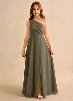 Azazie Puddles Girls Formal Robe Demoiselle D'honneur Fillette Robe Trapèze en Mousseline de soie Une épaule Vert Saule image6