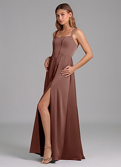 Azazie Rosaline 신부 들러리 드레스 A라인 사이드 슬릿 스트레치 새틴 바닥 길이 드레스 image5