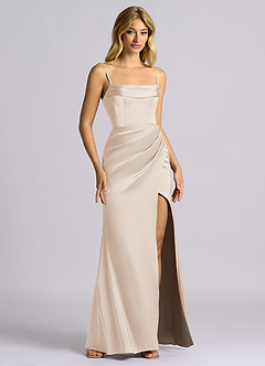 Azazie Auden Suknie dla druhen Osłona Zza ramienia Satyna elastyczna Do ziemi Sukienka image3