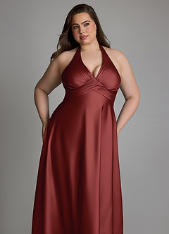 Azazie Tessie Bridesmaid Dresses Terracotta A-Line Pleated Stretch Satin Dress image11