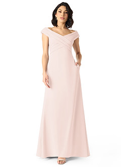 Azazie Evita Bridesmaid Dresses Blushing Pink A-Line Off the Shoulder Stretch Crepe Dress image1